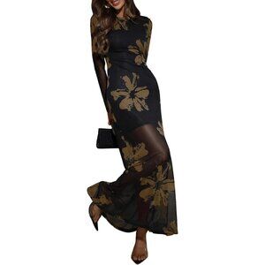 Women's Black Floral Mesh Elegant Formal Long Sleeve Cocktail Maxi Dresses
